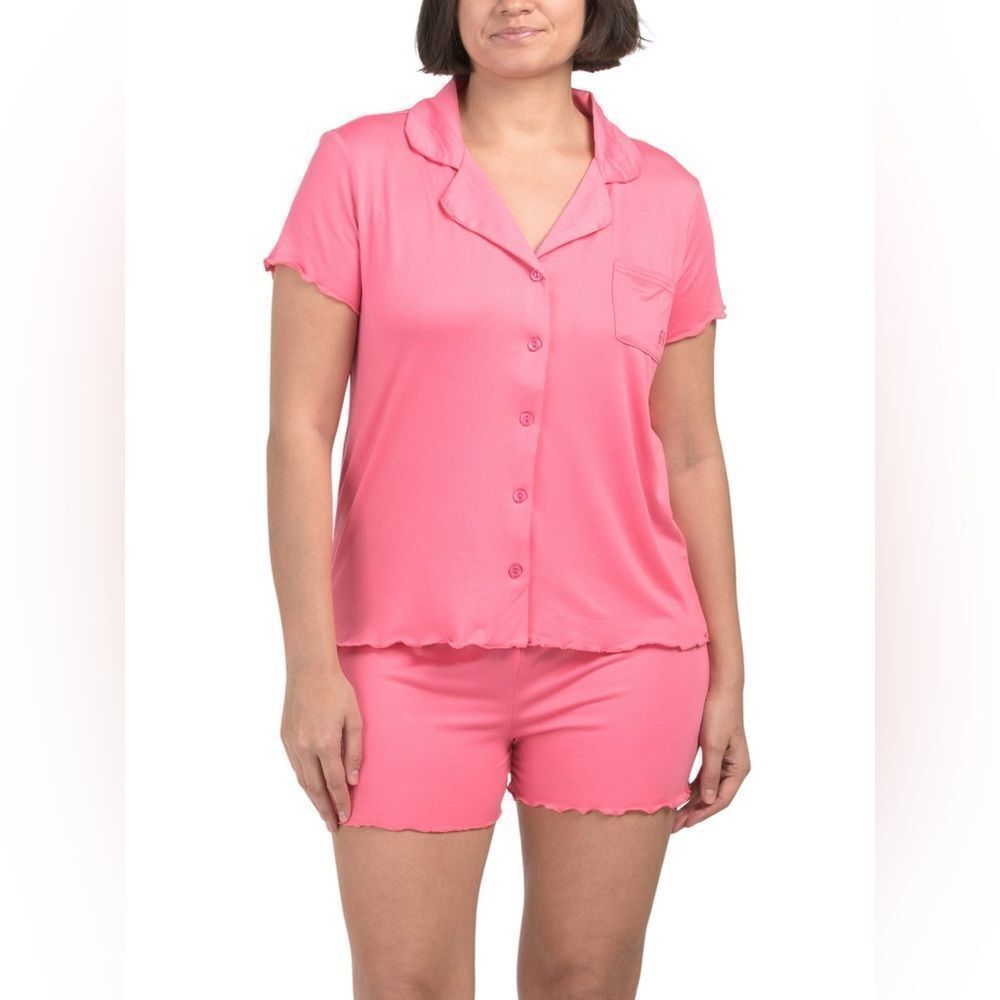 BORN Seersucker Pink Notch Collar PJ Short Sleeve Shorts 2pc Set